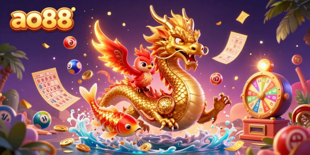 Experience thrilling wins with ao88 featuring a vibrant dragon, phoenix, and koi amidst dynamic gaming elements.