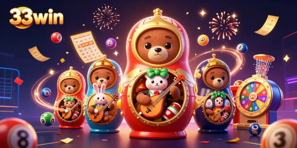Immerse in the vibrant world of 33win with bears celebrating and gambling elements dynamically in motion.