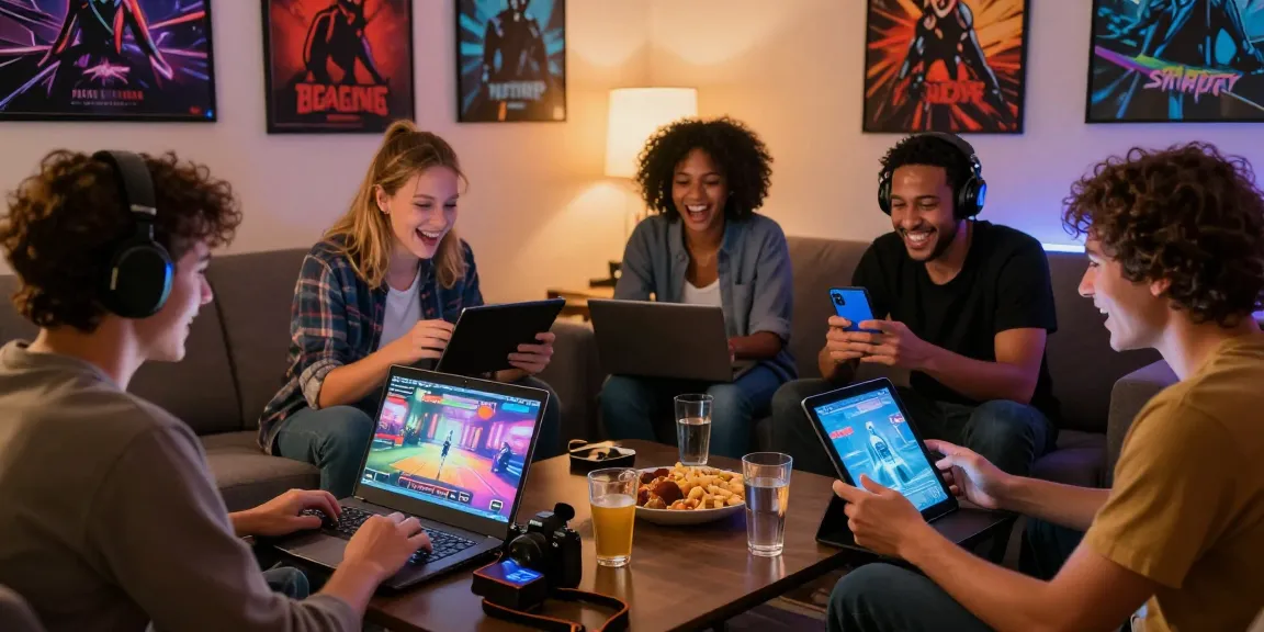 Engaging gaming scene with friends experiencing game porn on various devices in a cozy setting