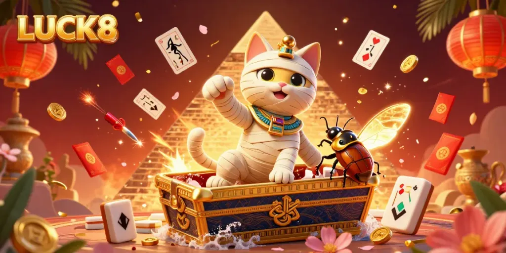 Experience the excitement of LUCK8 with a vibrant casino scene featuring a mummy cat bursting from a sarcophagus.