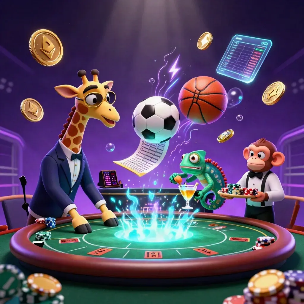 Three casino mascots frame a flying soccer ball, coins, and neon sports-bet energy in a luxe night scene.