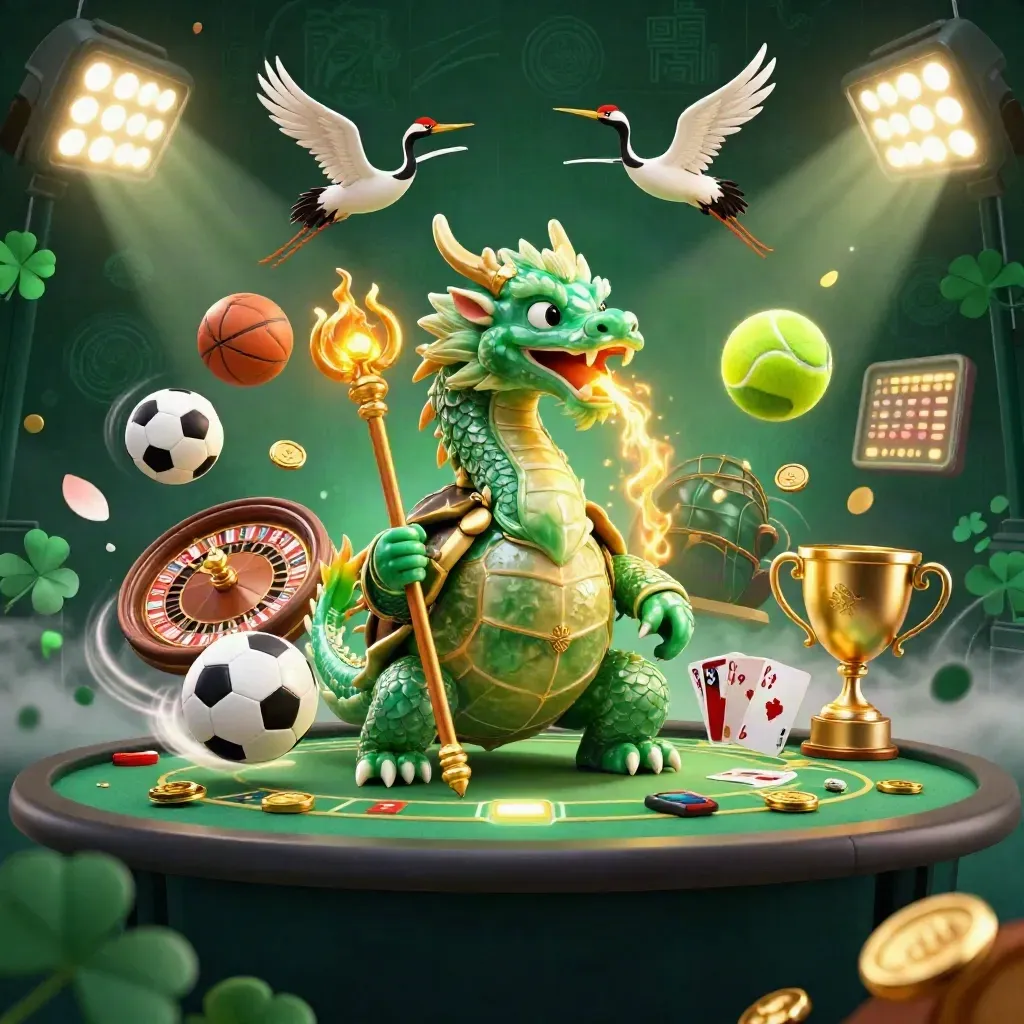 Emerald dragon, turtle sage, cranes, and casino symbols in gold fire over dark luxe green.