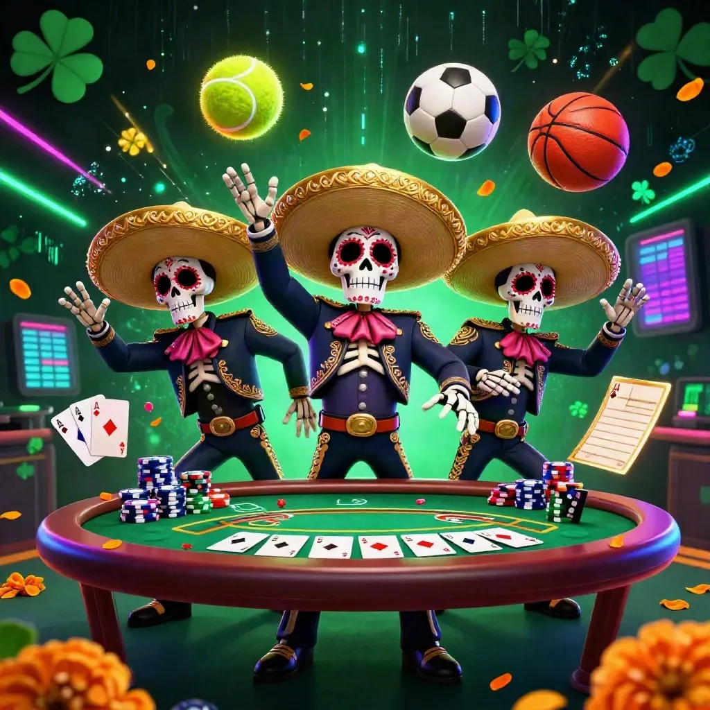 Skeleton mariachi trio amid poker chips and flying sports balls, neon casino magic.