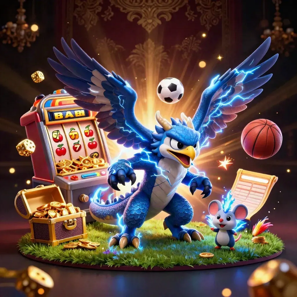 Thunder dragon, hawk, and mouse amid casino bursts, balls, gold, and glowing lights.
