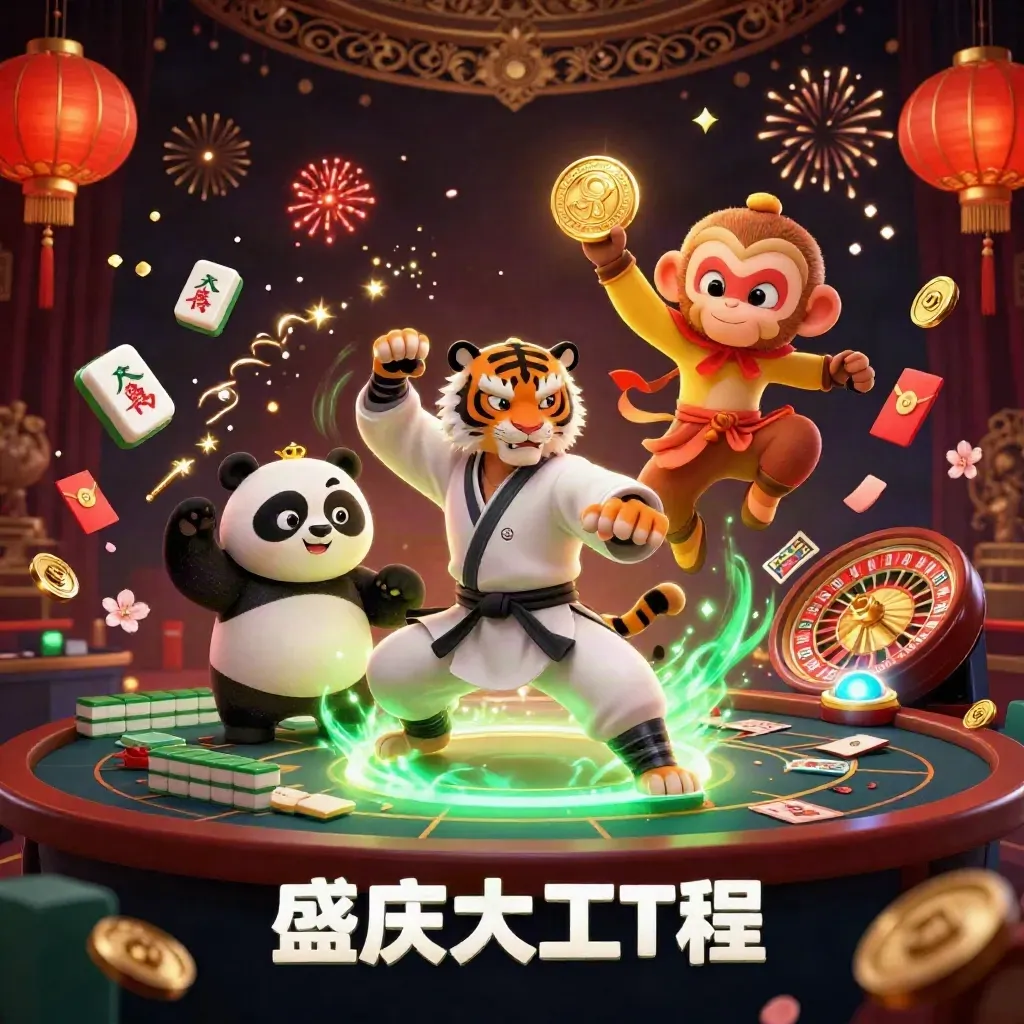 Tiger, panda, and monkey casino heroes amid gold coins, lanterns, and spinning roulette glow.