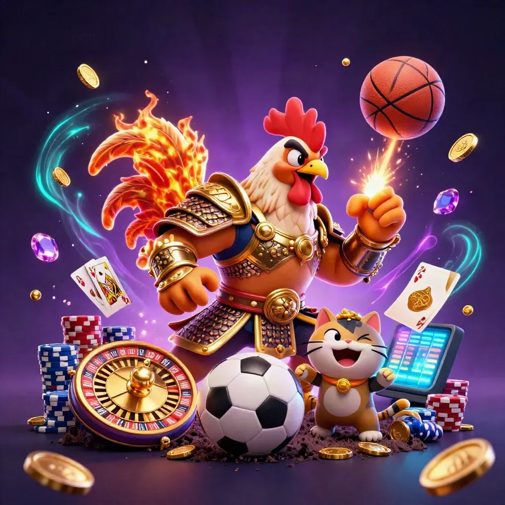 Cartoon rooster, dragon hatchling, and fortune cat amid casino chips, coins, and sports balls