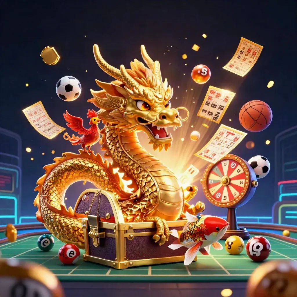 Golden dragon, phoenix and koi amid casino game elements on a neon grid backdrop.