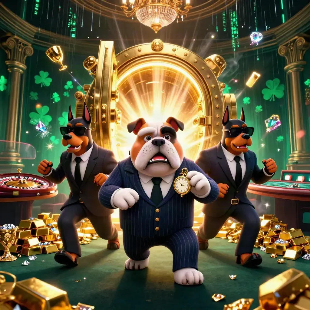Cartoon bulldog boss and Dobermans raid a glowing vault amid gold, gems, and casino luxury.
