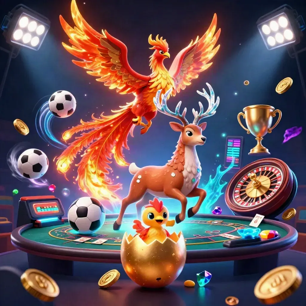 Fire phoenix, baby phoenix, and crystal stag amid casino props, glowing lights, and cosmic magic