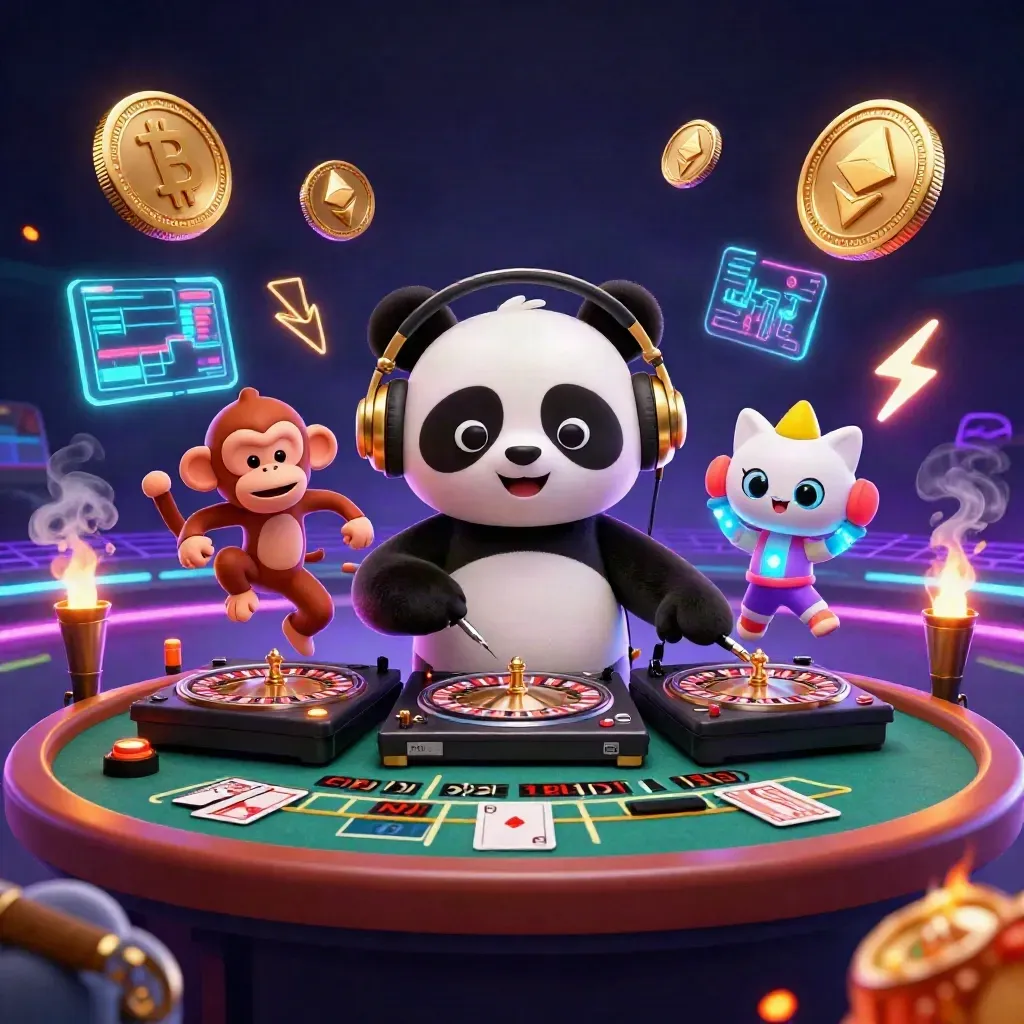 Three cartoon casino mascots DJ under neon lights with coins, cards, and a glowing indigo backdrop.