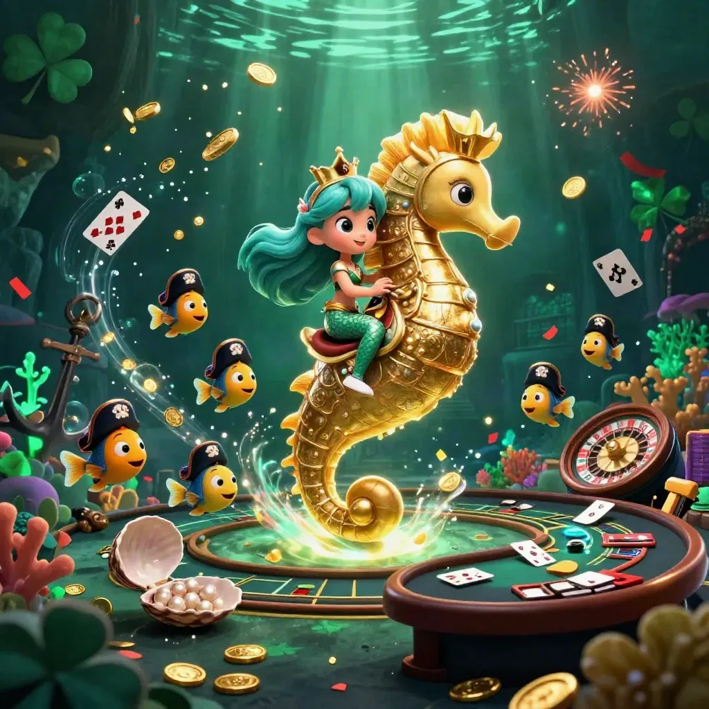 Mermaid princess on gold seahorse amid pirate fish, coins, coral, roulette, and casino glow.