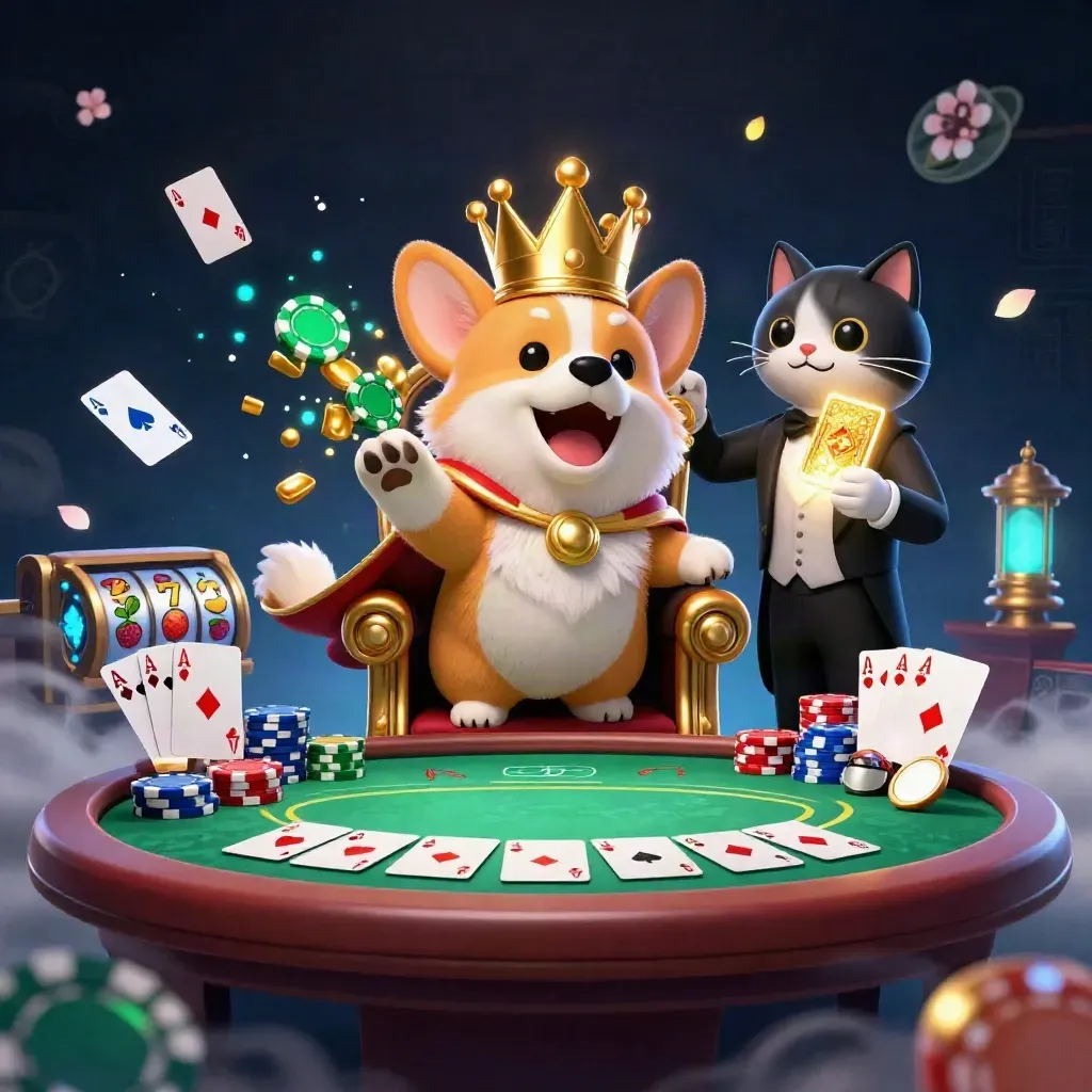 Royal corgi and cat butler amid chips, cards, cyan magic, and casino treasure burst.