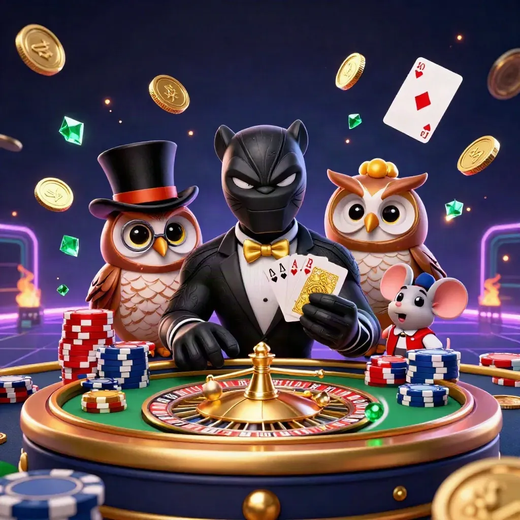 Black panther, owl and mouse casino heroes amid coins, gems, roulette wheel and glowing chips.
