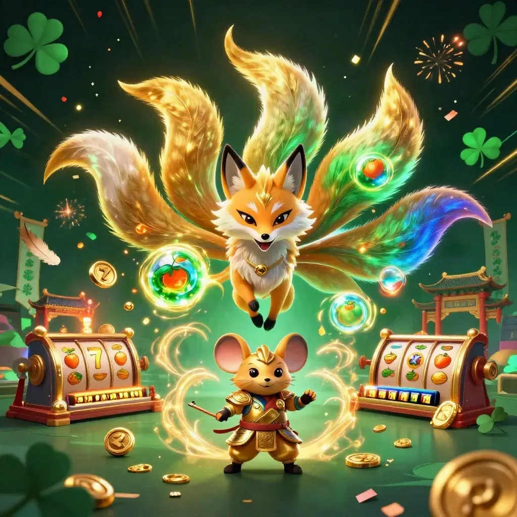 Nine-tailed fox spirit and armored mouse amid casino relics, coins, fireworks, and emerald glow