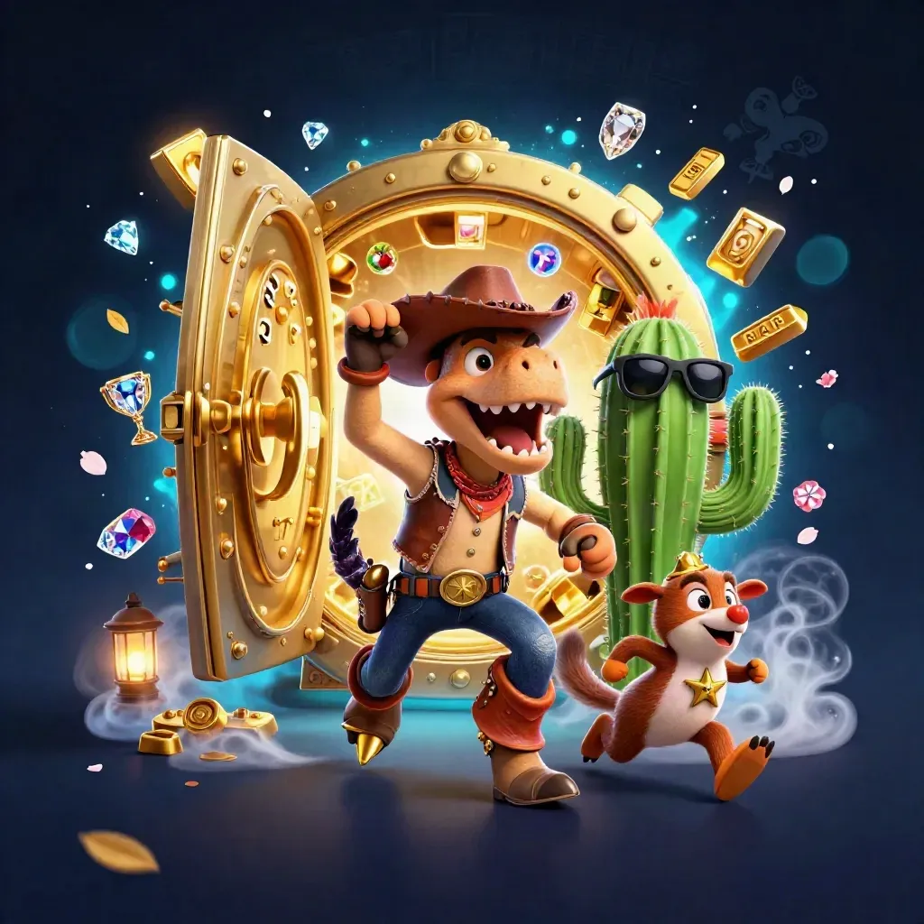 Cowboy T-Rex, cactus, and roadrunner burst from a treasure vault with gold and gems.