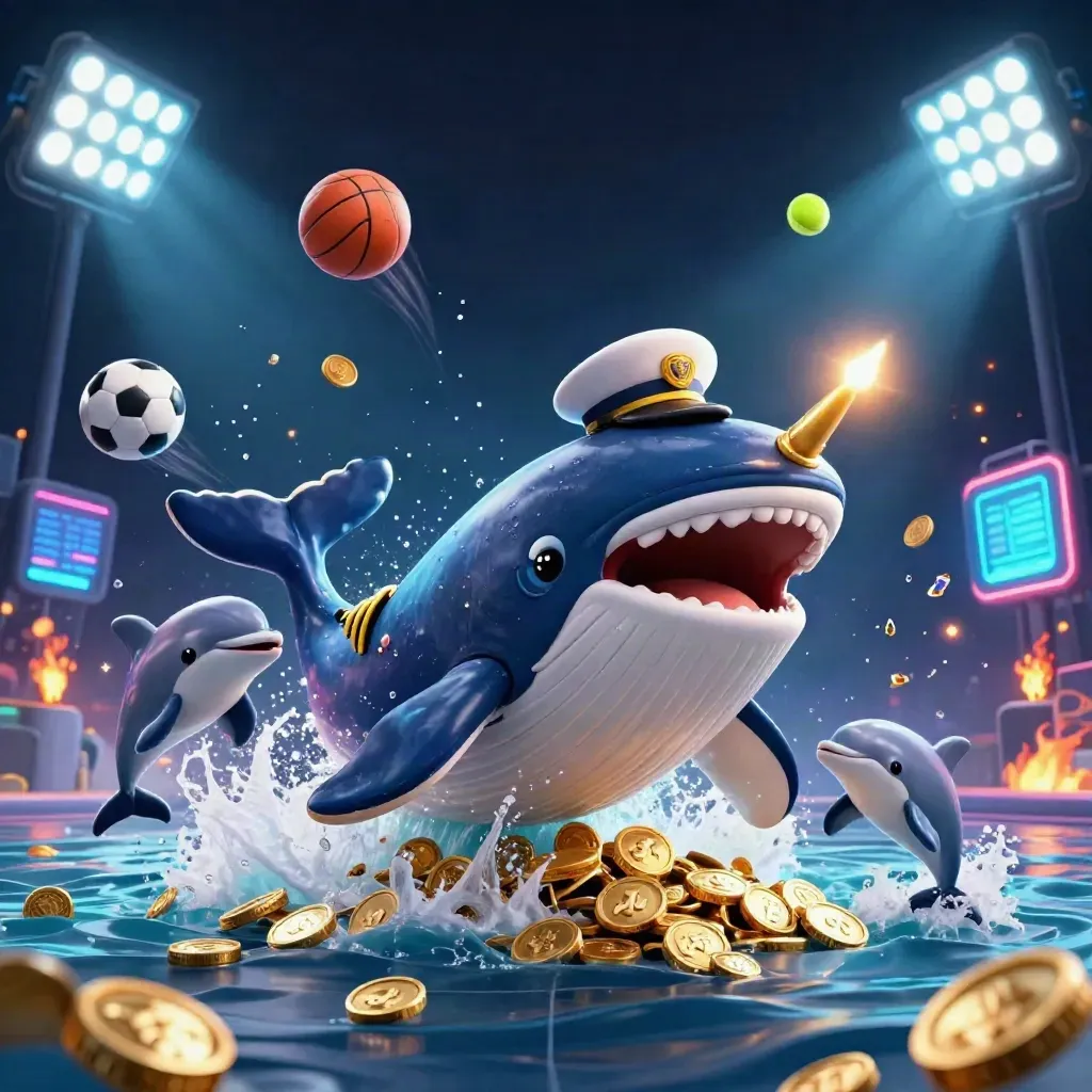 Whale captain, narwhal and dolphins burst through coins with sports balls, trophy and neon casino lights