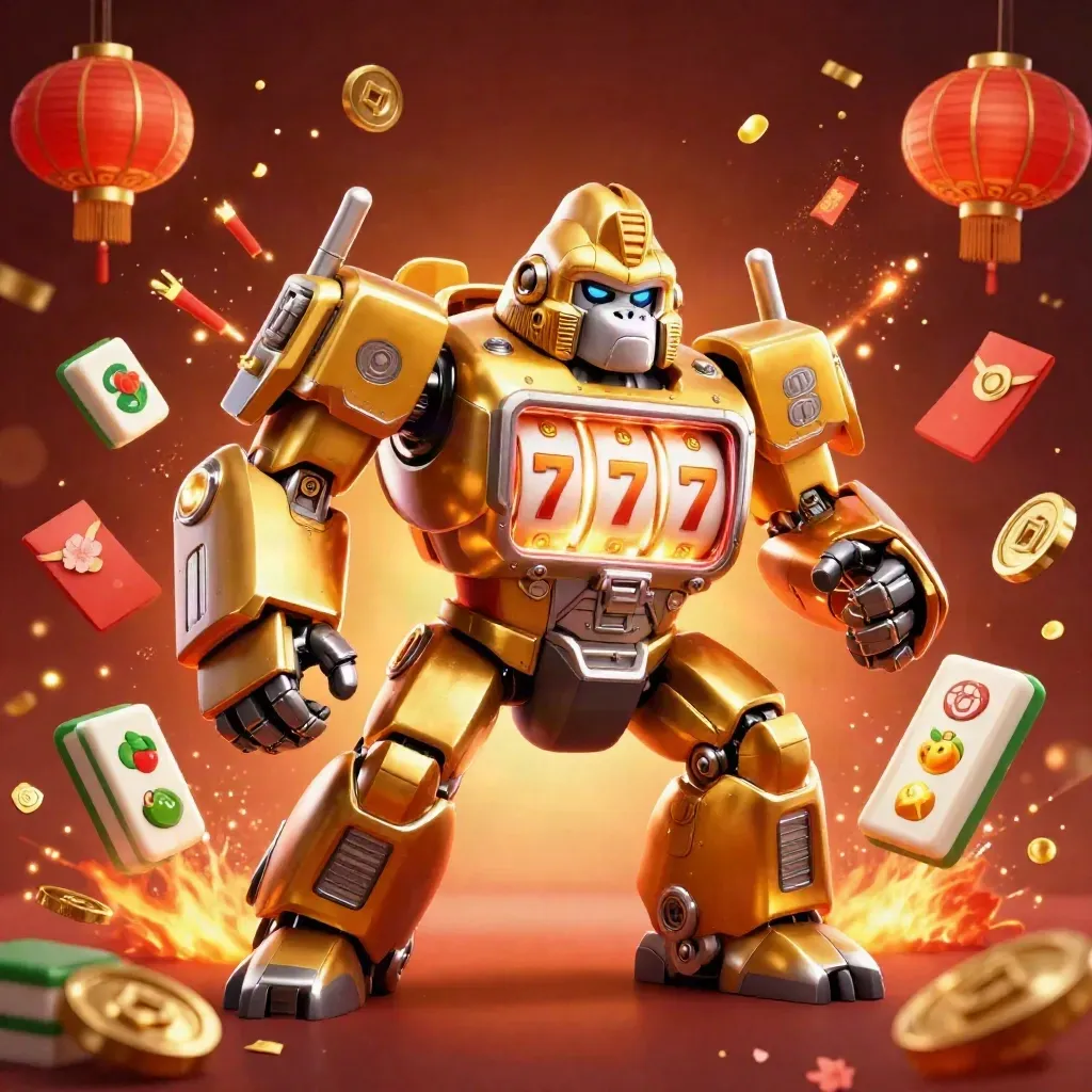 Golden gorilla mech with monkey pilot, casino effects, coins, lanterns, and fiery glow.