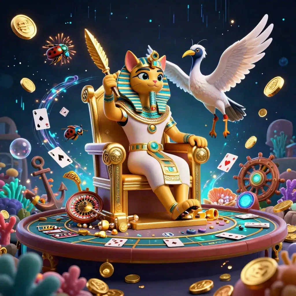 Pharaoh cat on golden throne with ibis scribe, scarabs, casino relics, and glowing treasure in deep blue.