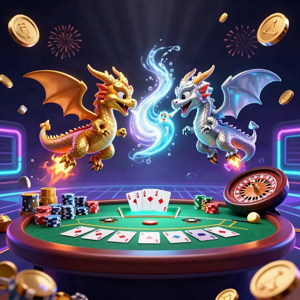 Gold and silver dragons spiral above casino tables, chips, cards, coins, fireworks, and neon light.