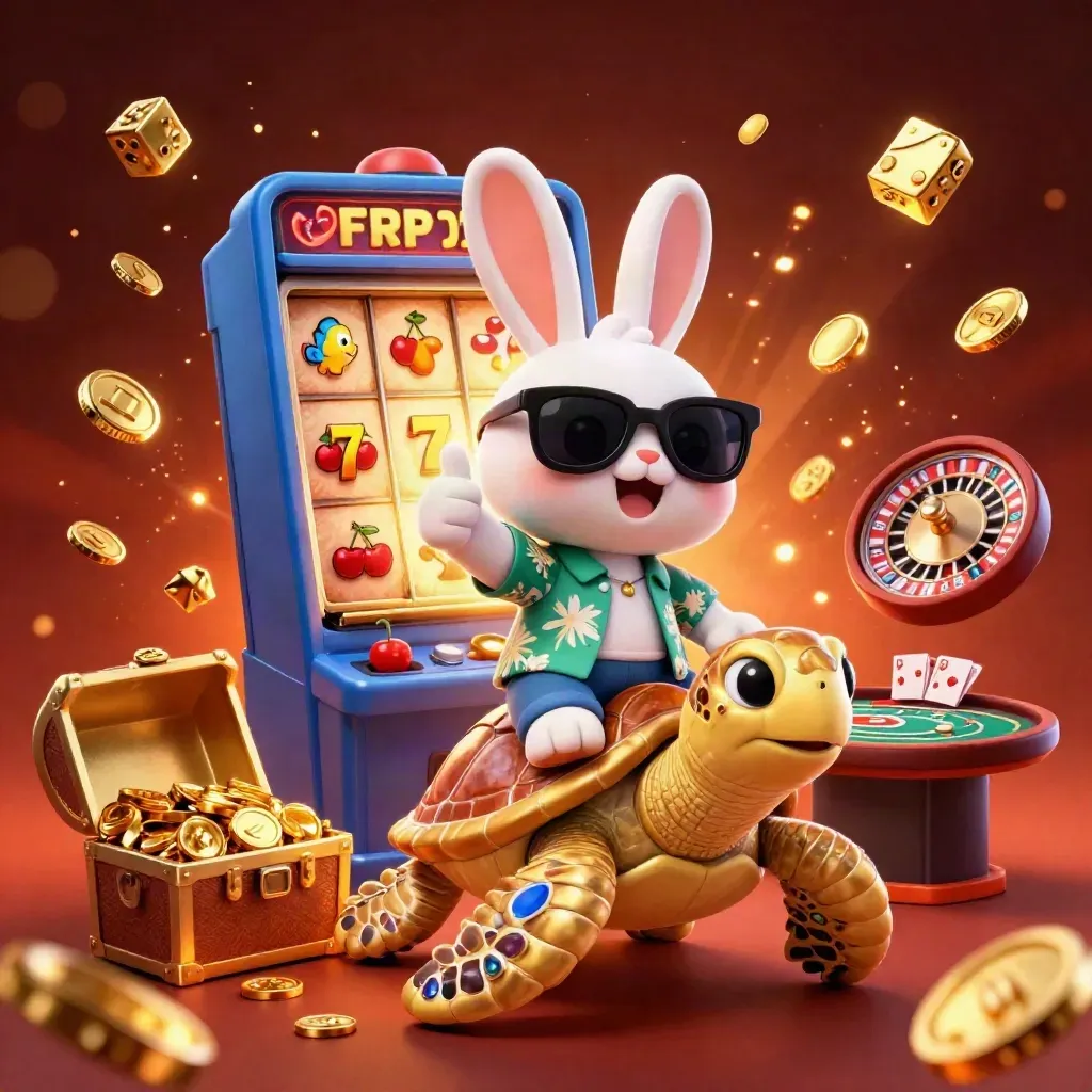 Lucky rabbit on a golden turtle amid slots, coins, dice, and casino glow.