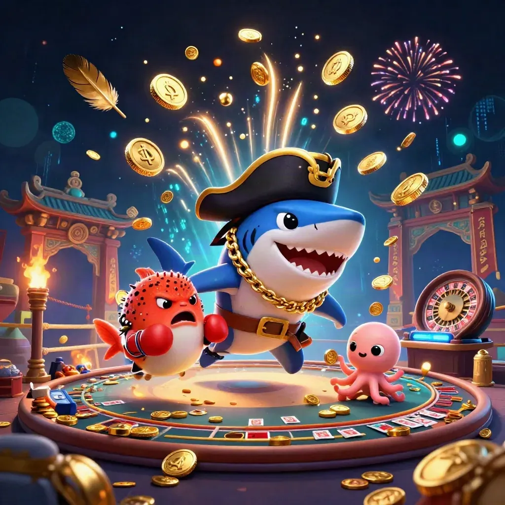 Pirate shark, boxing pufferfish, and coin-juggling octopus amid casino treasure and neon effects.