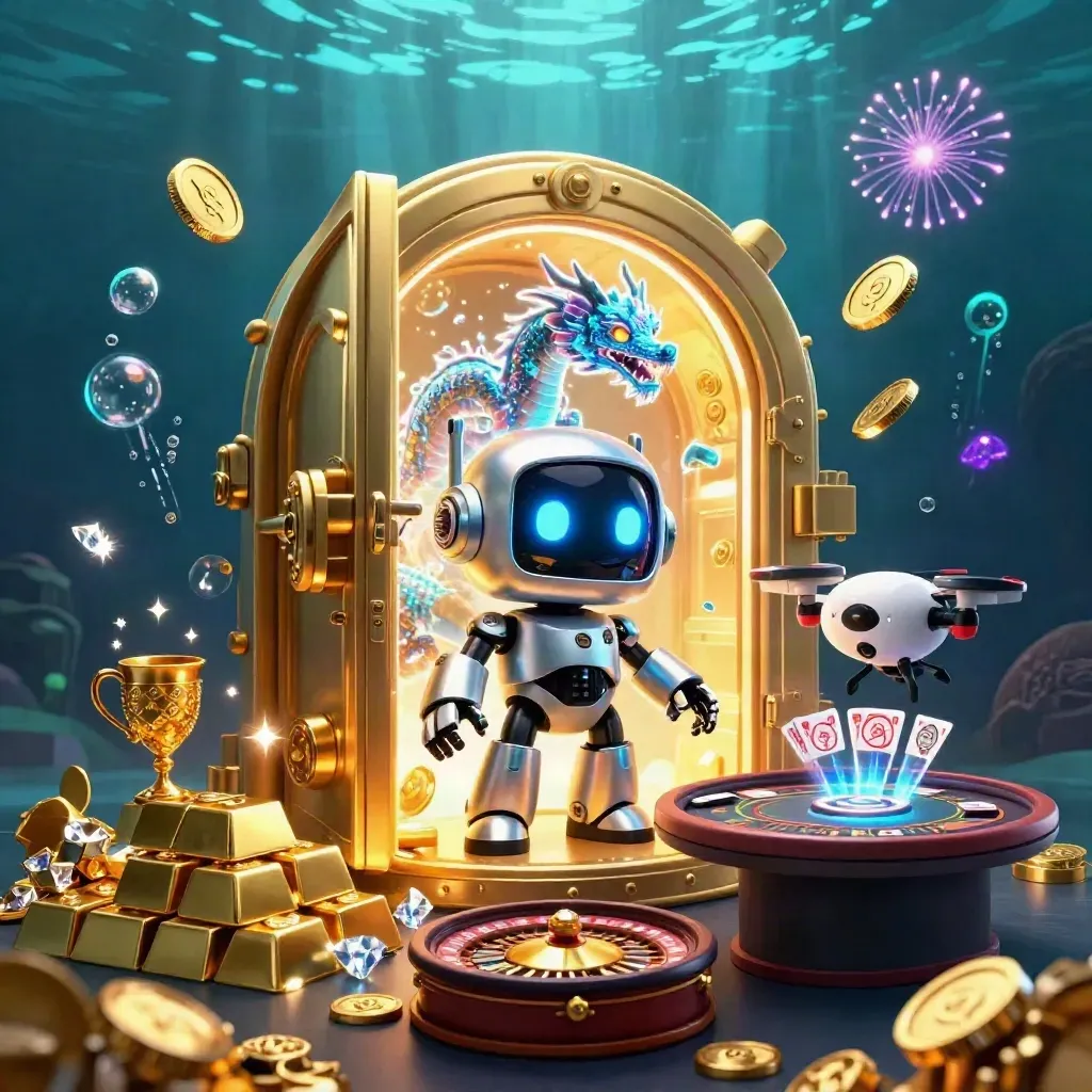 Robot, dragon, and drone burst from a vault with gold, gems, and casino game props.