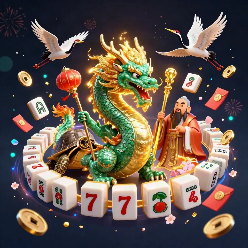 Emerald dragon, turtle sage, and cranes amid casino fire and jade coins on dark luxe background.