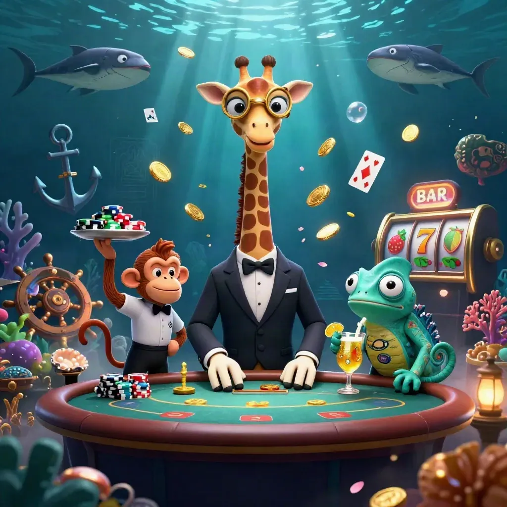 Underwater casino key art: giraffe high roller, monkey valet, and chameleon bartender amid gold coins and coral.