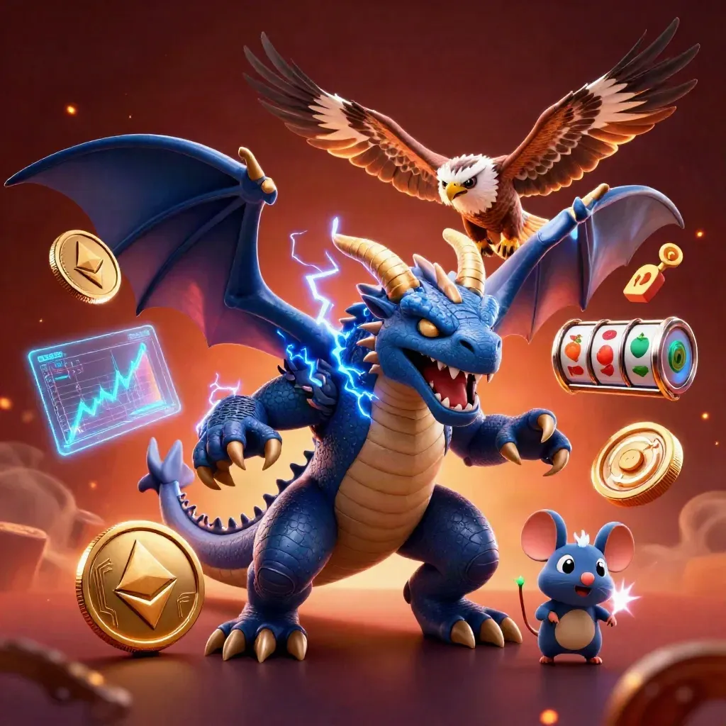 Thunder dragon, hawk, and crackling mouse amid casino coins, reels, and neon lightning.