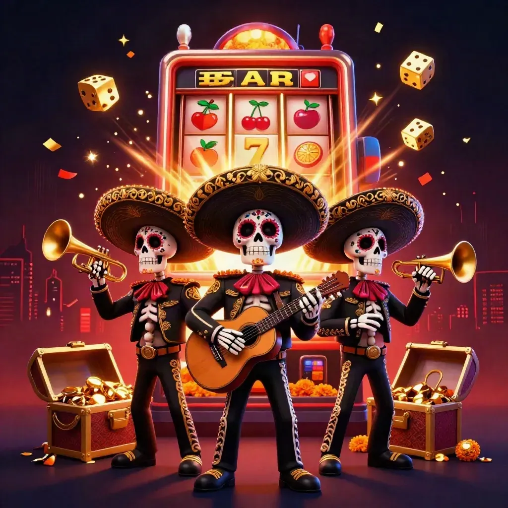 Day-of-the-Dead skeleton mariachi trio amid jackpot bursts, gold, and neon casino lights