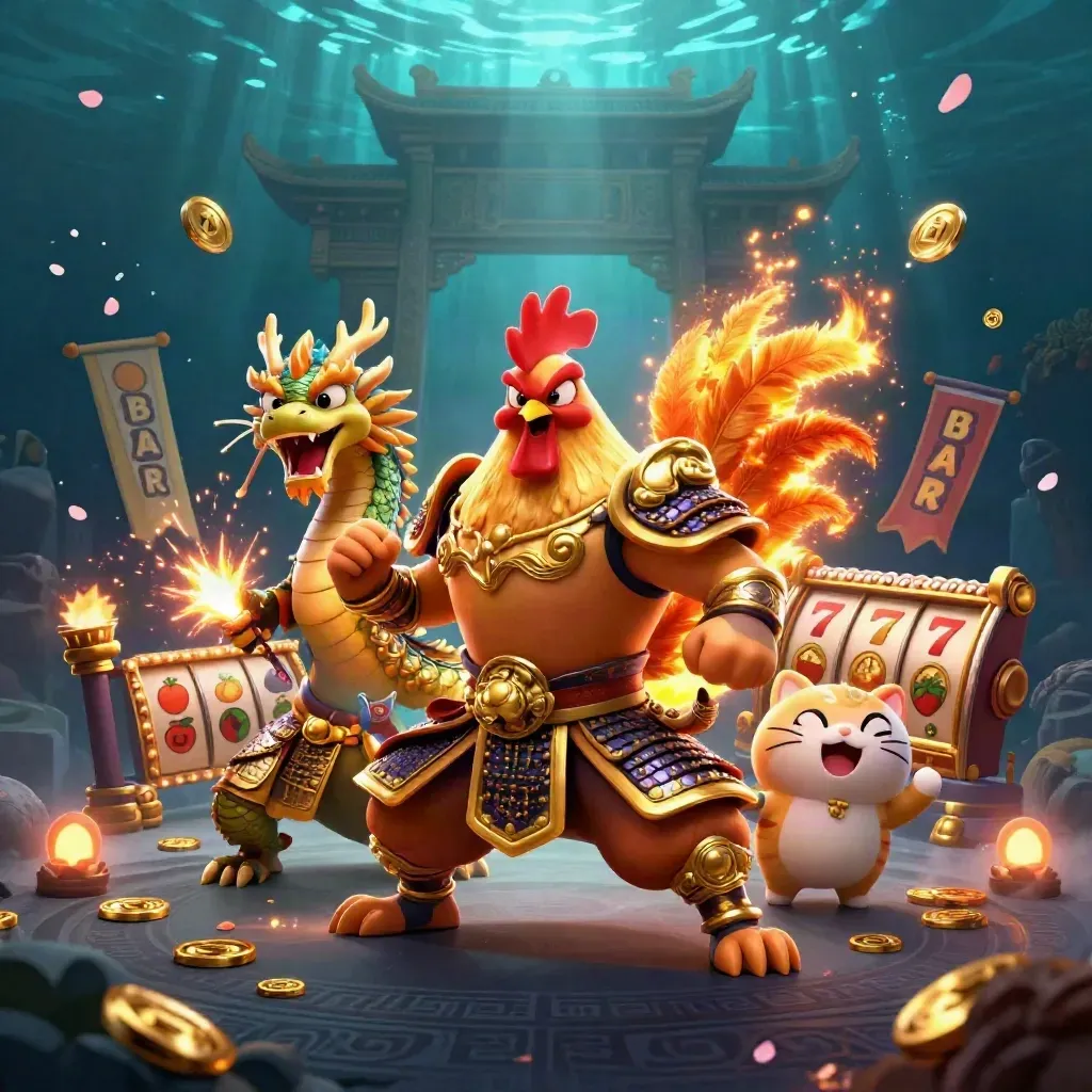 Rooster samurai, dragon hatchling and fortune cat amid casino relics and glowing reels