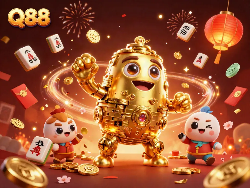 Experience exciting gameplay with Q88's vibrant casino illustration featuring a golden golem and festive elements.