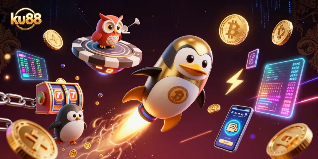Experience thrilling gameplay at ku88 with a rocket-powered penguin and casino elements.