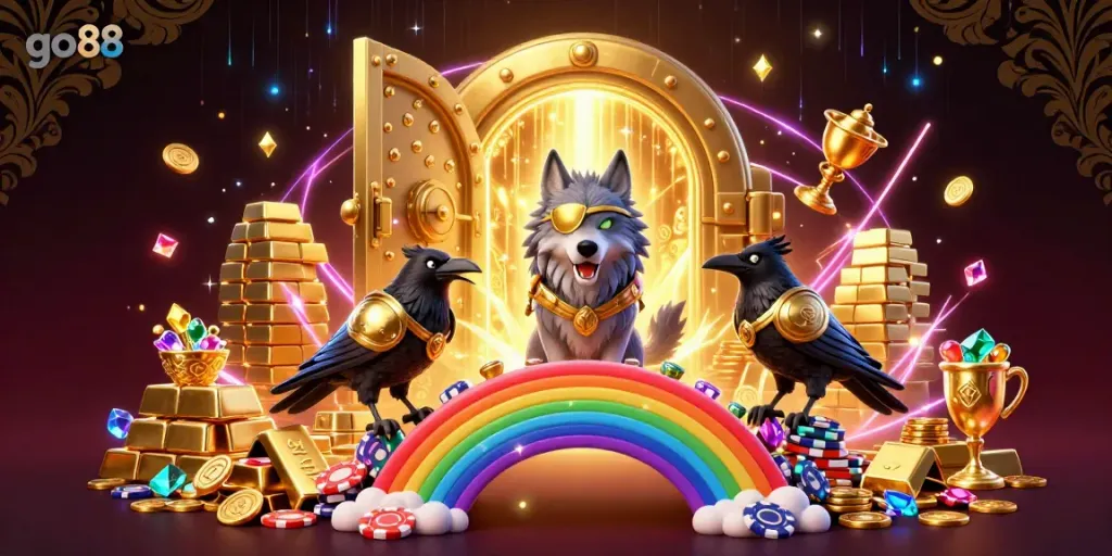 Engage in thrilling gameplay with go88, showcasing a mystical scene of Odin and ravens amidst riches and casino chips.
