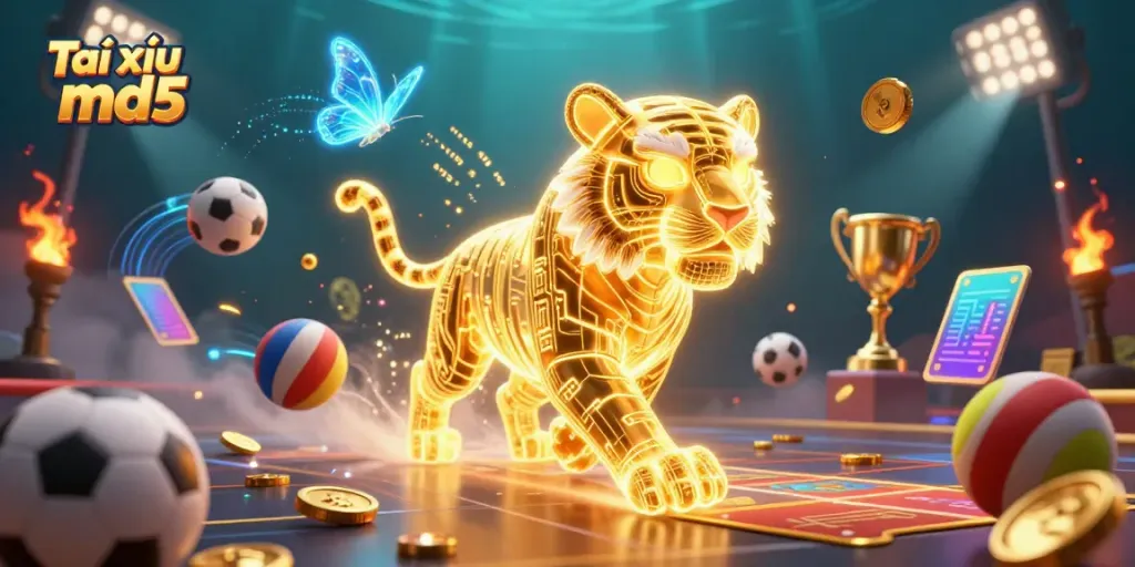 Experience Tài xỉu md5 in a vibrant digital casino scene with golden tiger and sports elements.