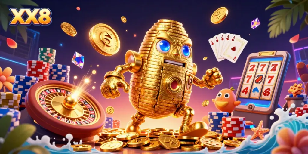 Experience winning moments with XX8's vibrant casino adventure in a 3D illustration.