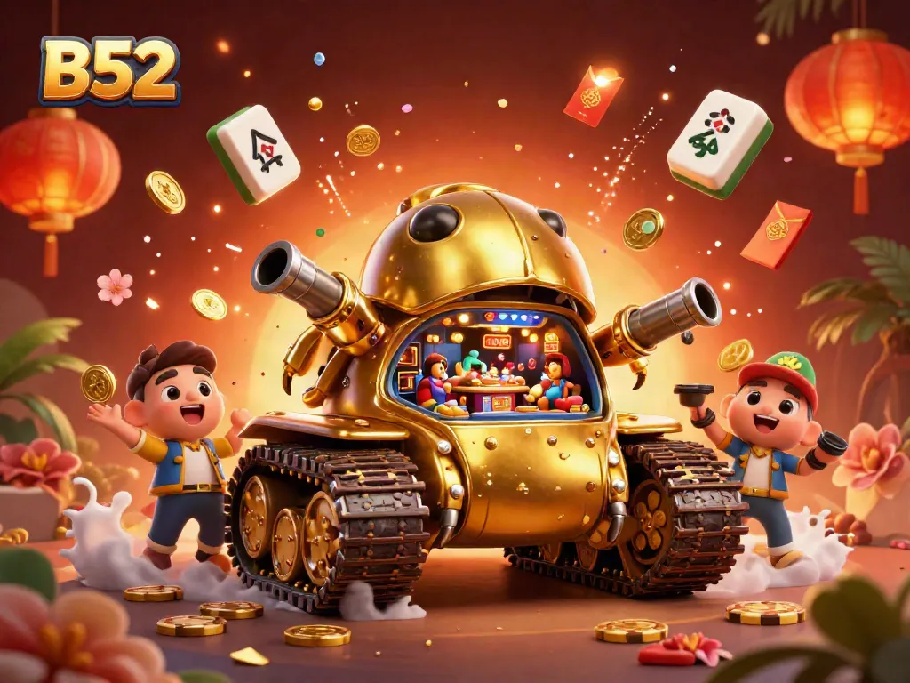 Experience B52's vibrant casino energy with a golden beetle tank and floating game elements.