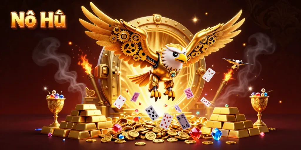 Experience the excitement of Nổ Hũ with golden treasures and vibrant gaming elements in a captivating 3D scene.