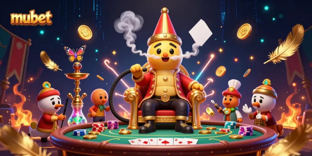 Experience the thrill of mubet with a vibrant 3D casino scene featuring dynamic poker elements.