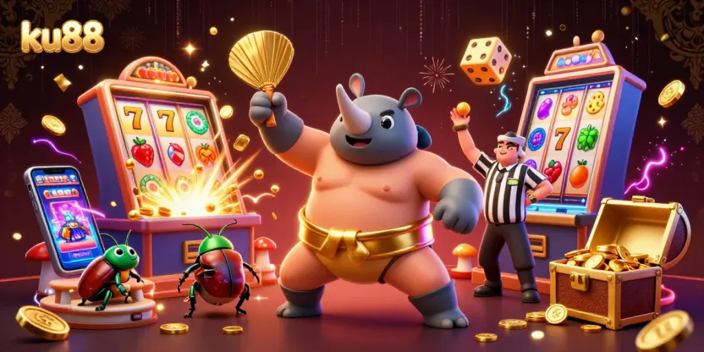 ku88 attracts gamblers with thrilling 3D casino experience featuring a sumo champion and slot machines.