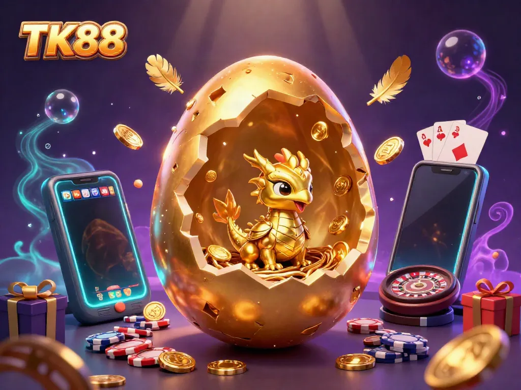 Experience thrilling wins at TK88 with a stunning illustration of a golden dragon and poker chips amidst vibrant casino elements.