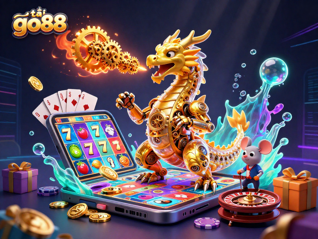 Experience thrilling gameplay with tải go88, featuring a vivid golden dragon surrounded by vibrant casino elements.