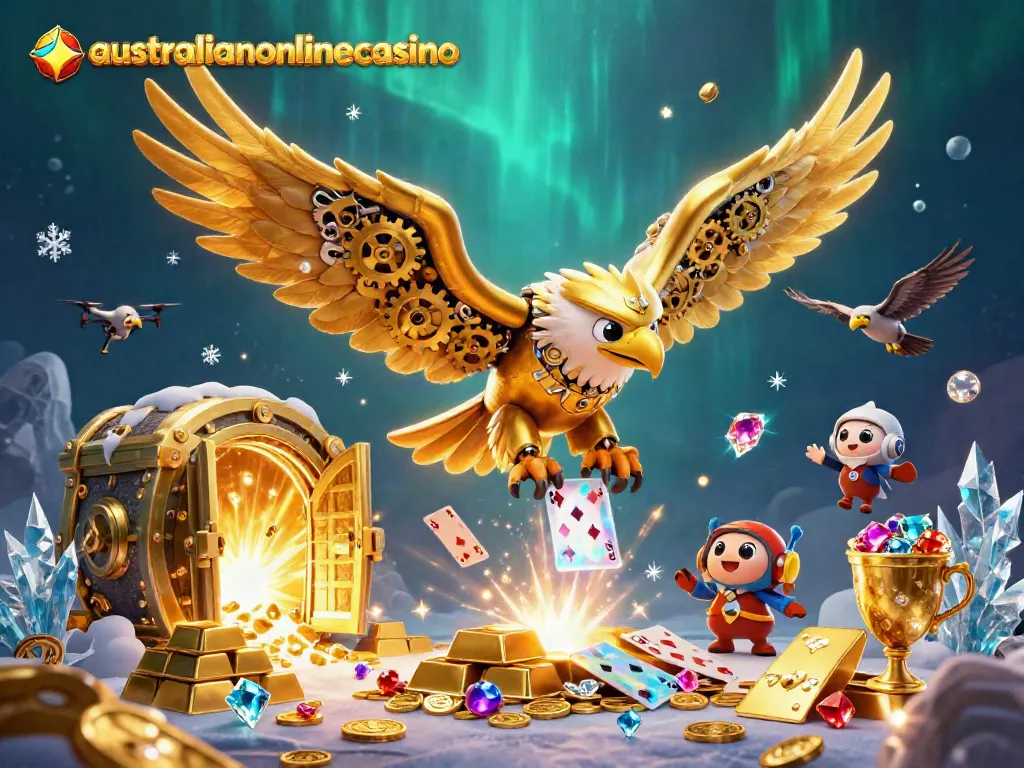 Experience thrilling wins at australianonlinecasino with a cybernetic eagle amid holographic cards and treasures.