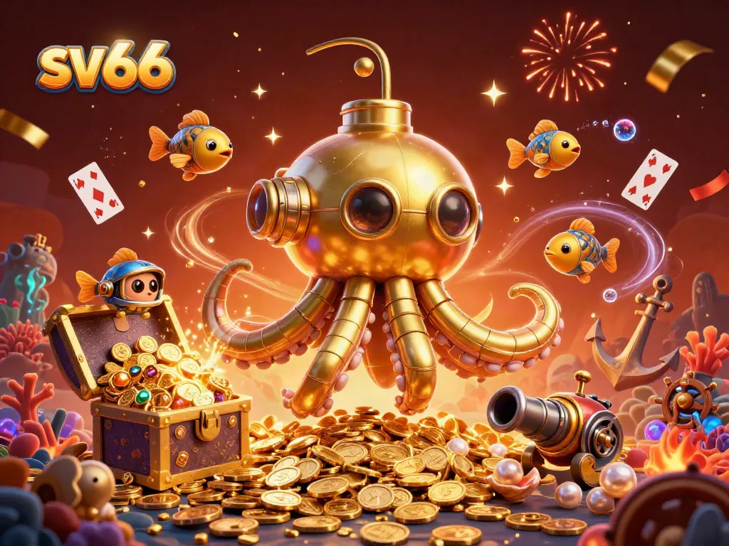 Engage in the excitement of sv66 with a golden kraken submarine amidst treasure and casino-themed elements.