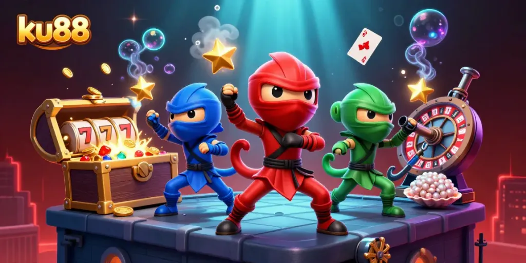 ku88 casino-themed illustration with chameleon characters showcasing vibrant gambling elements