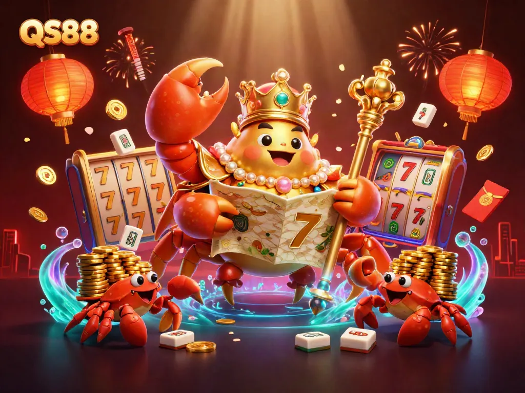 Experience the excitement of QS88's casino realm with a golden crab emperor, treasure maps, and vibrant gaming elements.