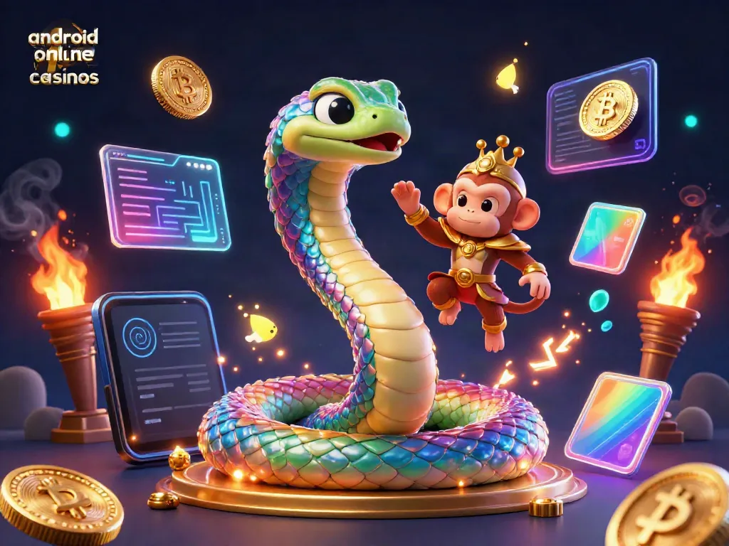 Experience thrilling gaming at android online casinos with a vibrant 3D illustration featuring a rainbow serpent and playful monkey king.