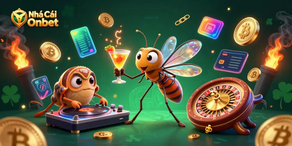 Experience the vibrant Nhà Cái Onbet casino atmosphere with animated characters and immersive gaming elements.
