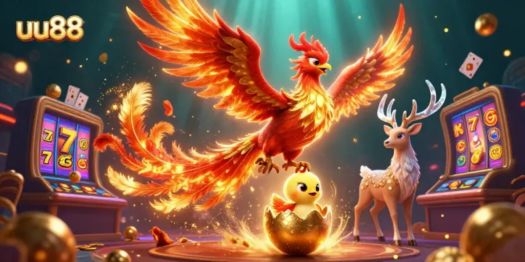 Catch big wins with uu88 in this vibrant casino scene featuring mythical characters and exciting games.