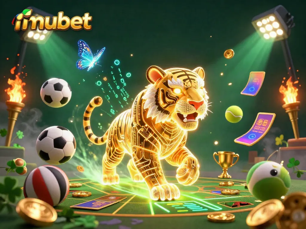 Experience the thrill of mubet in a vibrant casino scene featuring a neon tiger, sports elements, and dynamic action.